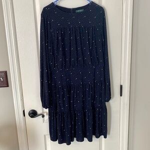 Lauren Ralph Lauren-- Navy midi dress with cream polka dots. Size 14